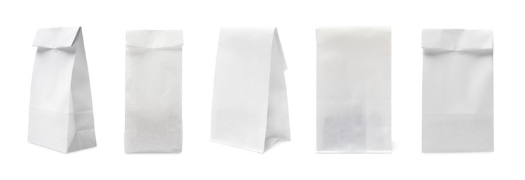 Image of Paper bags for product packaging on white background, set