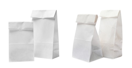 Image of Paper bags for product packaging on white background, set