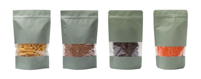 Image of Paper pouch bags with different products isolated on white. Packaging