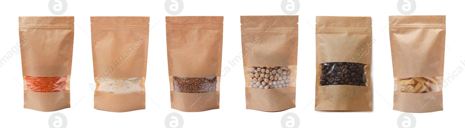 Image of Paper pouch bags with different products isolated on white. Packaging