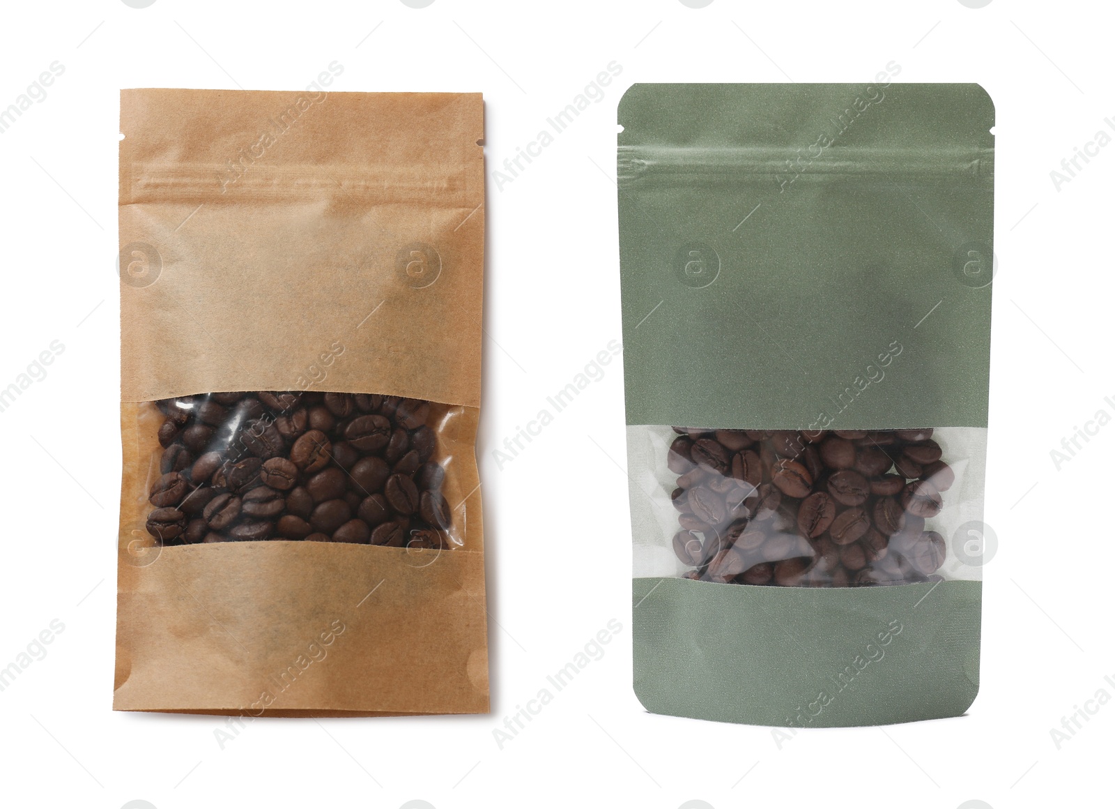 Image of Paper pouch bags with coffee beans isolated on white. Packaging for product