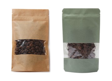 Image of Paper pouch bags with coffee beans isolated on white. Packaging for product