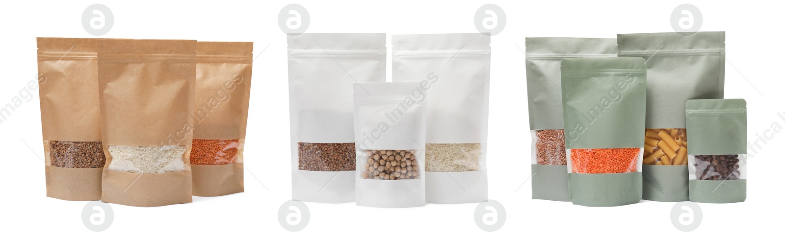 Image of Paper pouch bags with different products isolated on white. Packaging