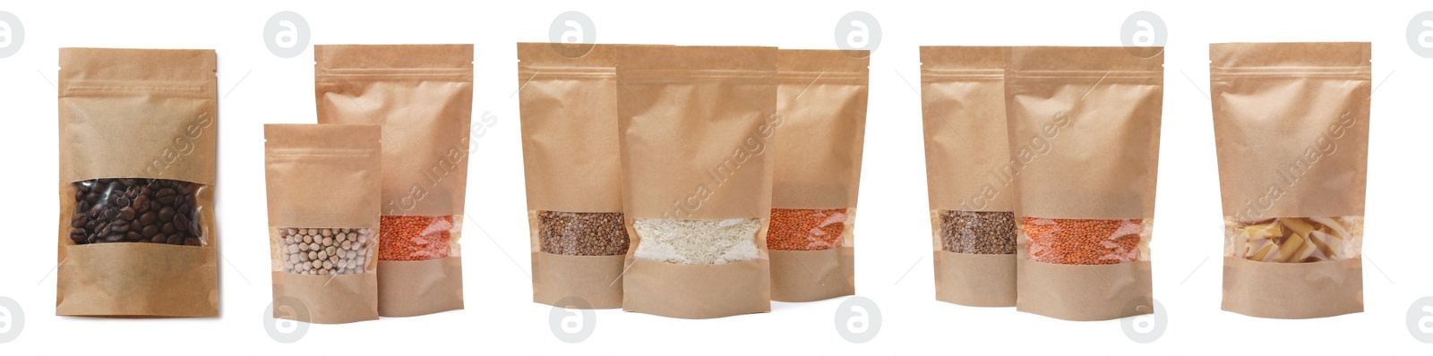 Image of Paper pouch bags with different products isolated on white. Packaging