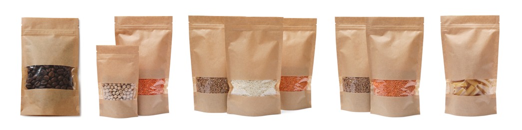 Image of Paper pouch bags with different products isolated on white. Packaging