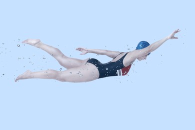 Image of Woman wearing swimsuit swimming in water. Aquatic sport