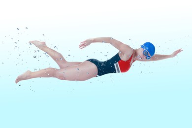 Image of Woman wearing swimsuit swimming in water. Aquatic sport