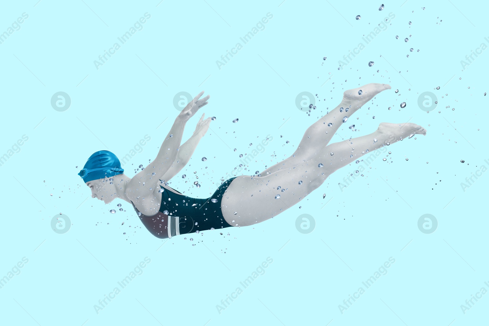 Image of Woman wearing swimsuit swimming in water. Aquatic sport