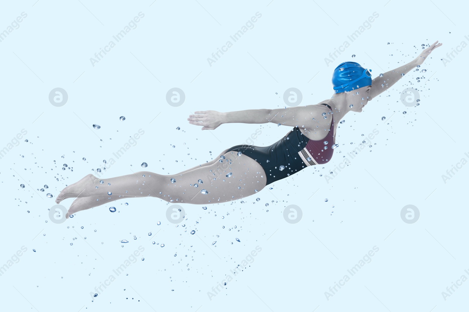 Image of Woman wearing swimsuit swimming in water. Aquatic sport