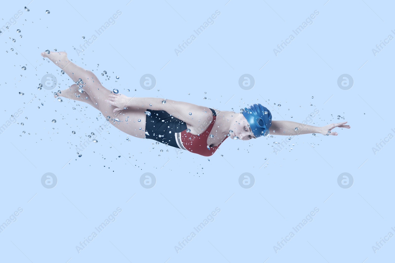 Image of Woman wearing swimsuit swimming in water. Aquatic sport