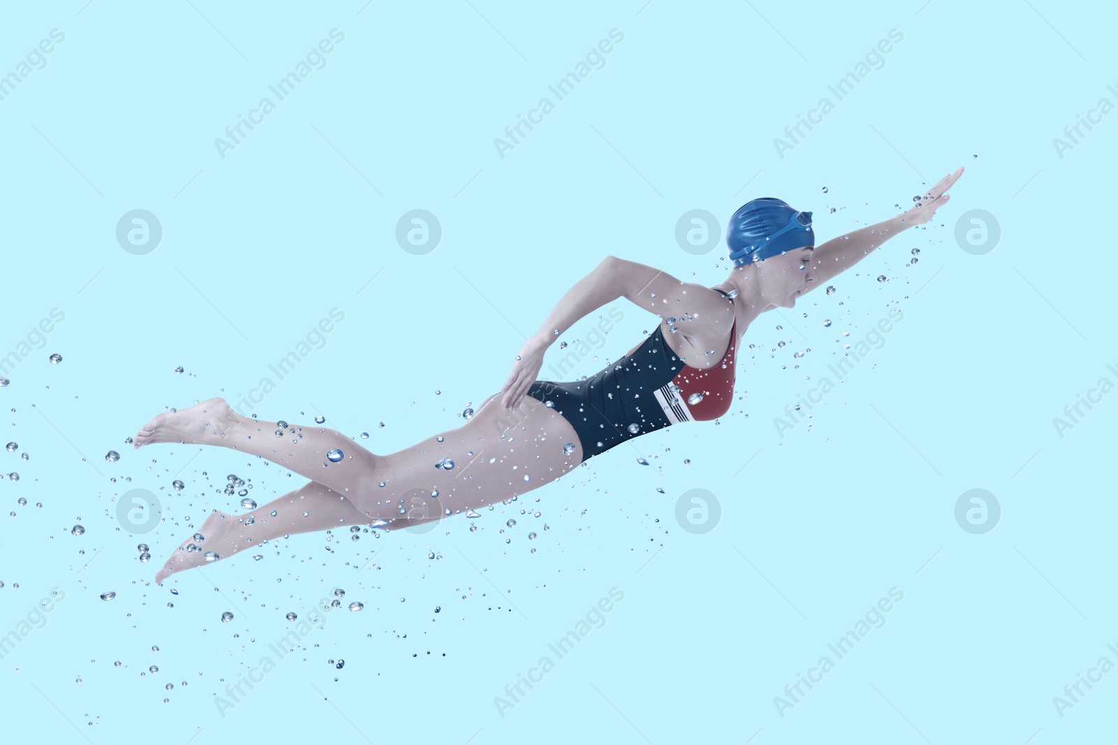 Image of Woman wearing swimsuit swimming in water. Aquatic sport