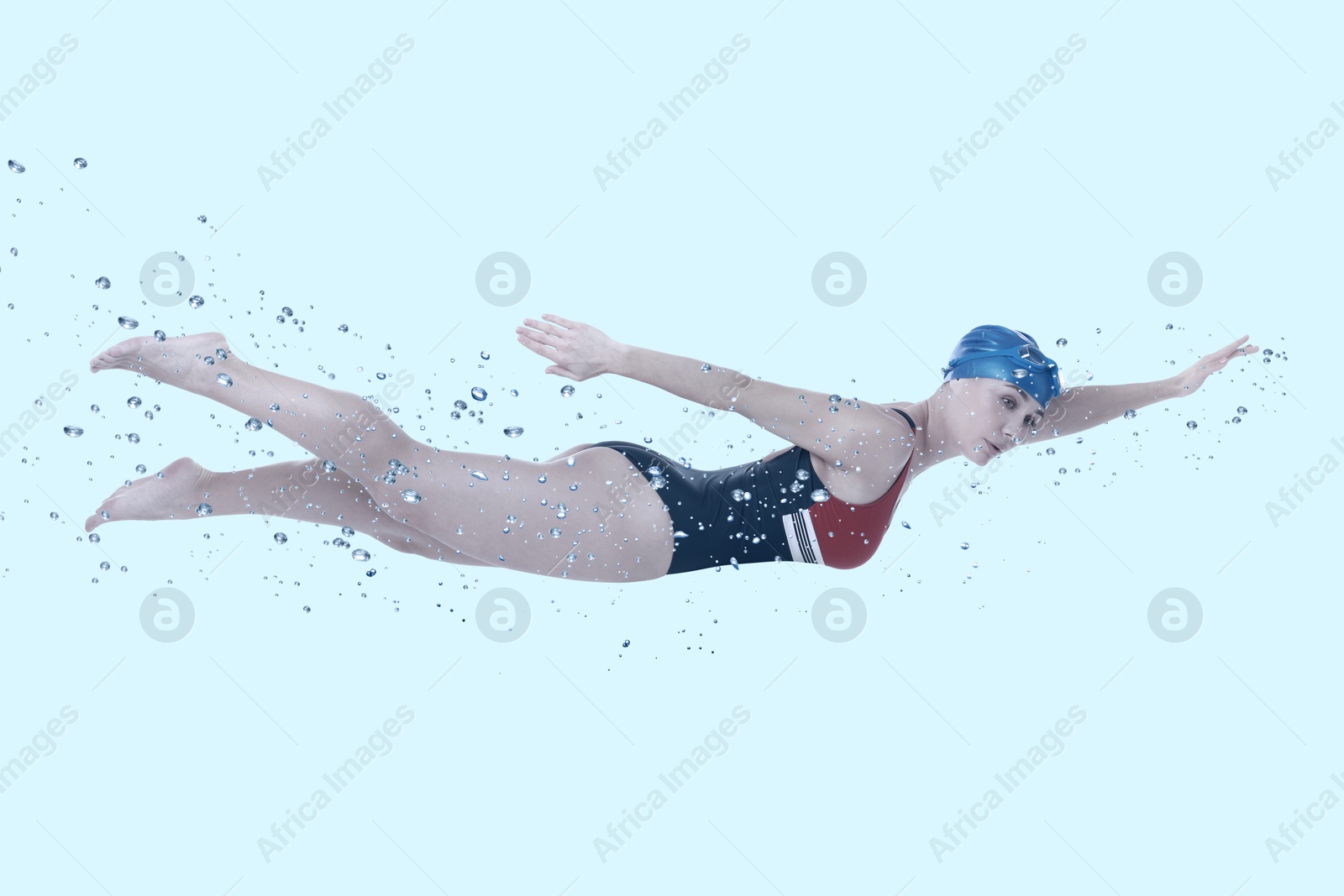 Image of Woman wearing swimsuit swimming in water. Aquatic sport