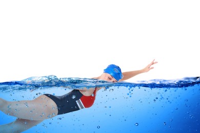 Woman wearing swimsuit swimming in water on white background. Aquatic sport