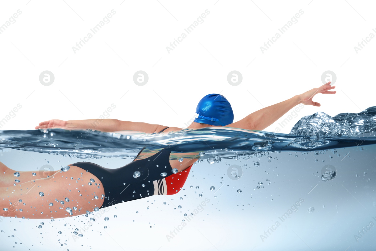 Image of Woman wearing swimsuit swimming in water on white background. Aquatic sport