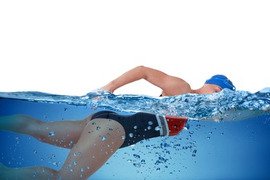 Image of Woman wearing swimsuit swimming in water on white background. Aquatic sport