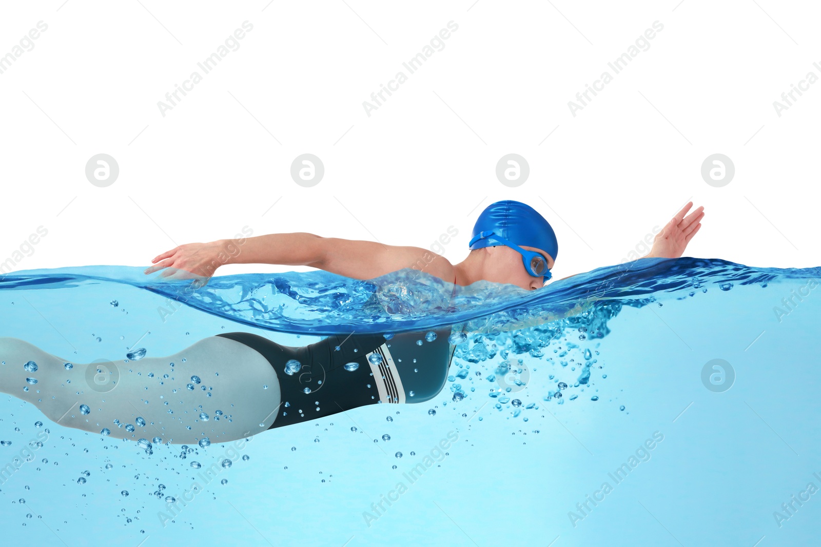 Image of Woman wearing swimsuit swimming in water on white background. Aquatic sport