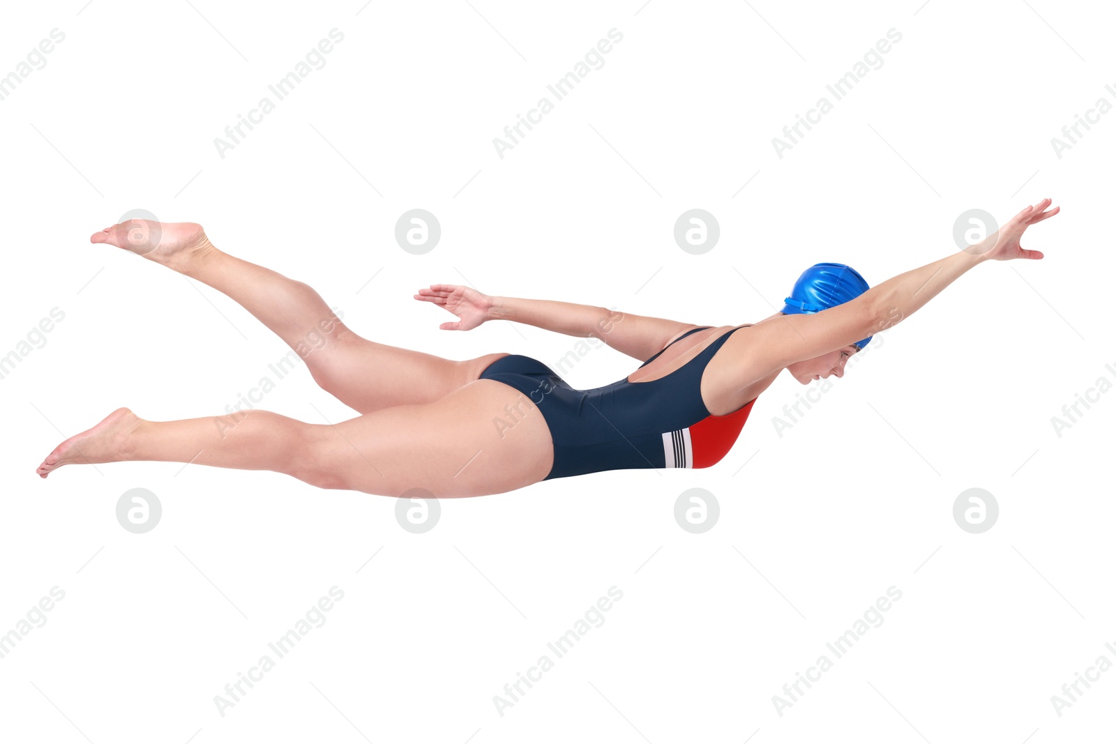 Image of Woman in swimsuit practicing swimming on white background. Aquatic sport