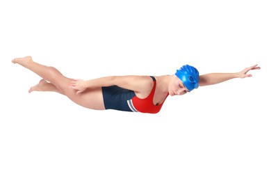 Woman in swimsuit practicing swimming on white background. Aquatic sport