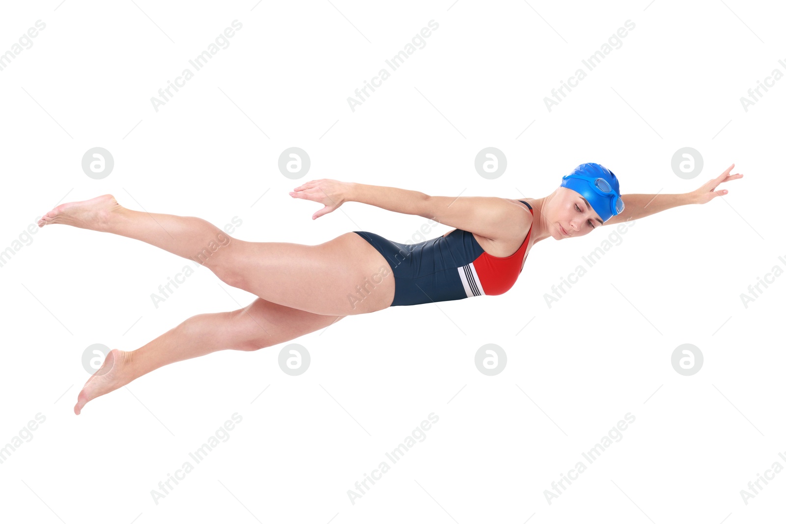 Image of Woman in swimsuit practicing swimming on white background. Aquatic sport