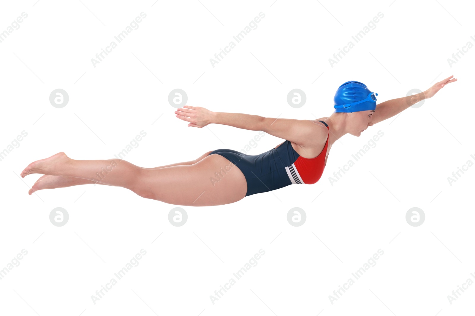 Image of Woman in swimsuit practicing swimming on white background. Aquatic sport