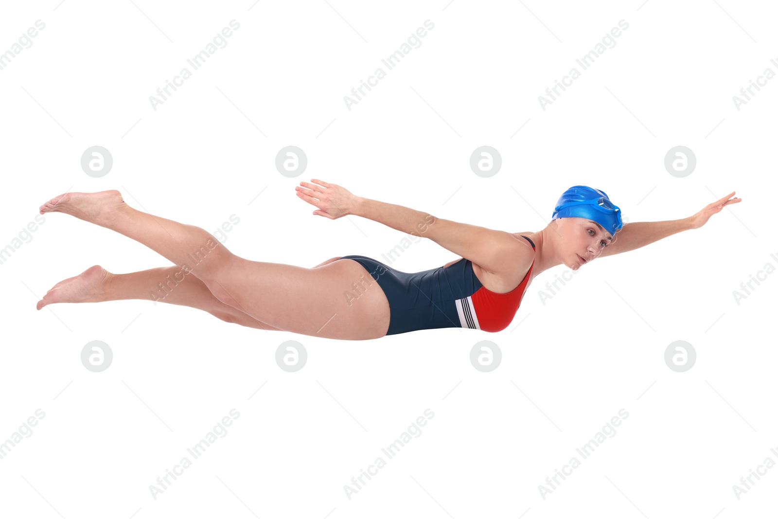 Image of Woman in swimsuit practicing swimming on white background. Aquatic sport