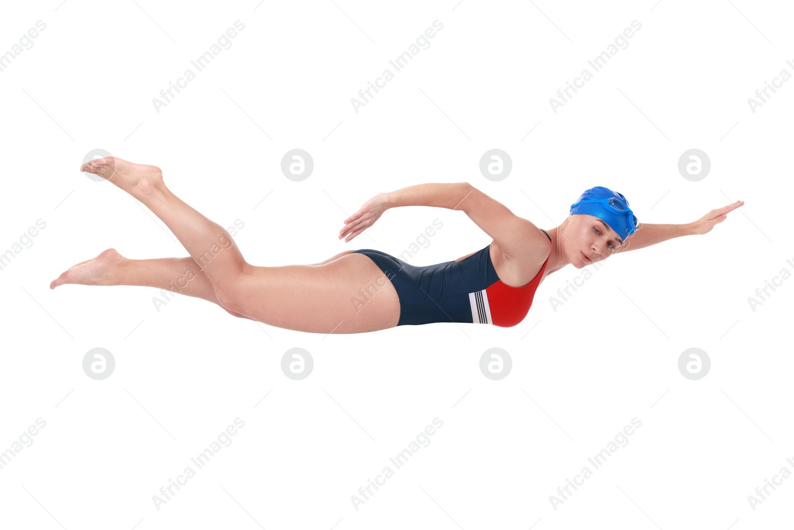 Image of Woman in swimsuit practicing swimming on white background. Aquatic sport