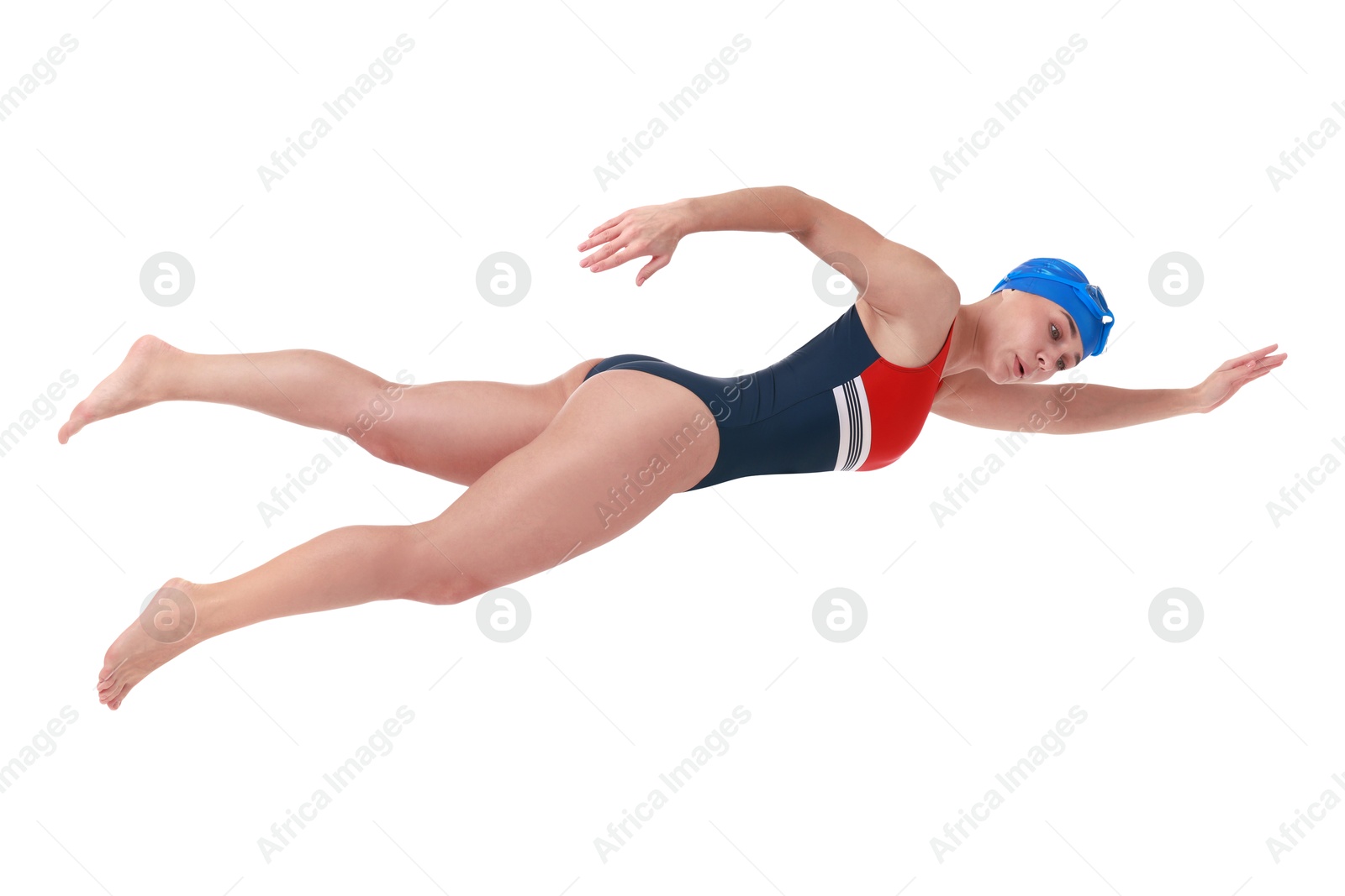 Image of Woman in swimsuit practicing swimming on white background. Aquatic sport