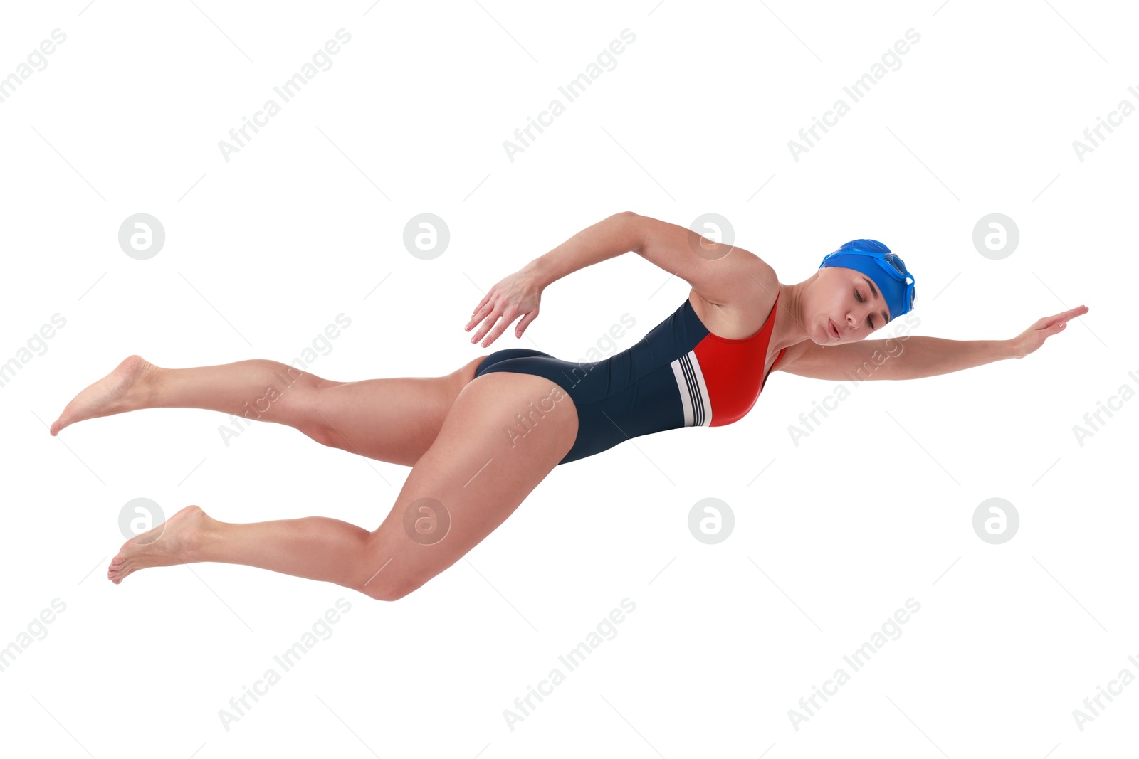 Image of Woman in swimsuit practicing swimming on white background. Aquatic sport