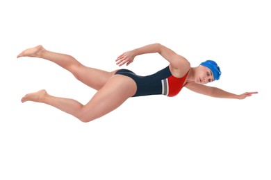 Image of Woman in swimsuit practicing swimming on white background. Aquatic sport