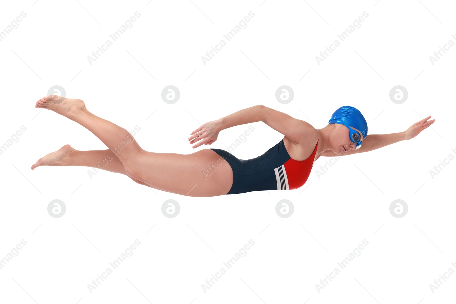 Image of Woman in swimsuit practicing swimming on white background. Aquatic sport