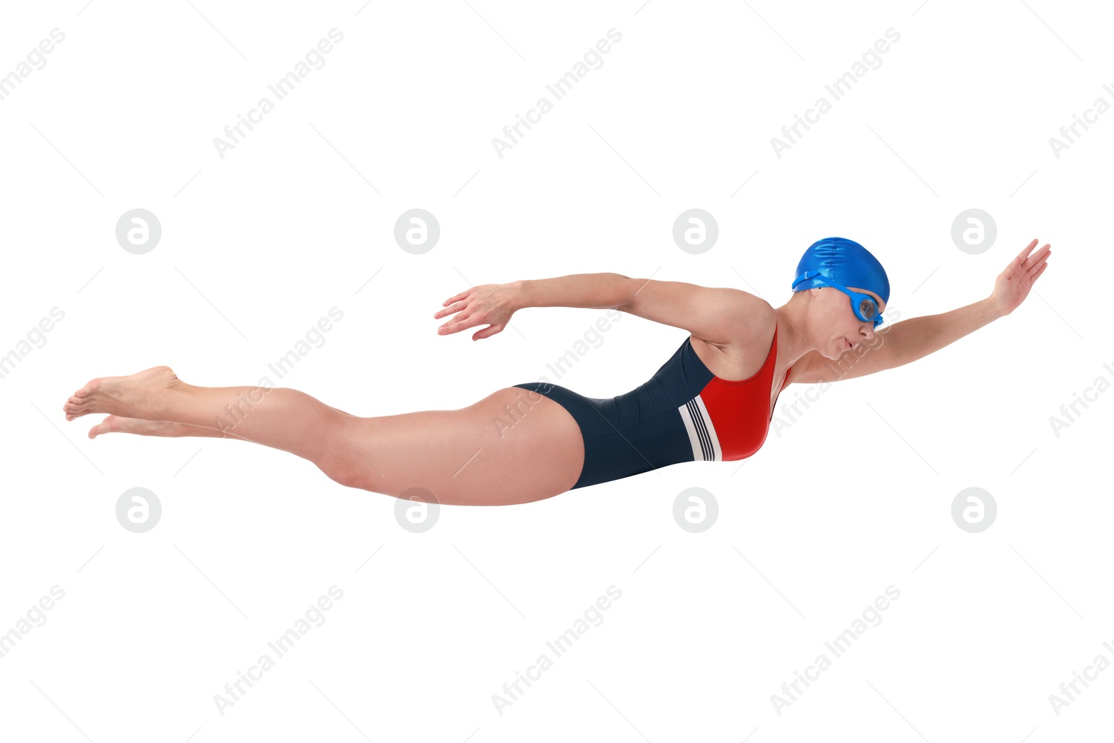 Image of Woman in swimsuit practicing swimming on white background. Aquatic sport