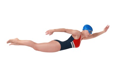 Image of Woman in swimsuit practicing swimming on white background. Aquatic sport