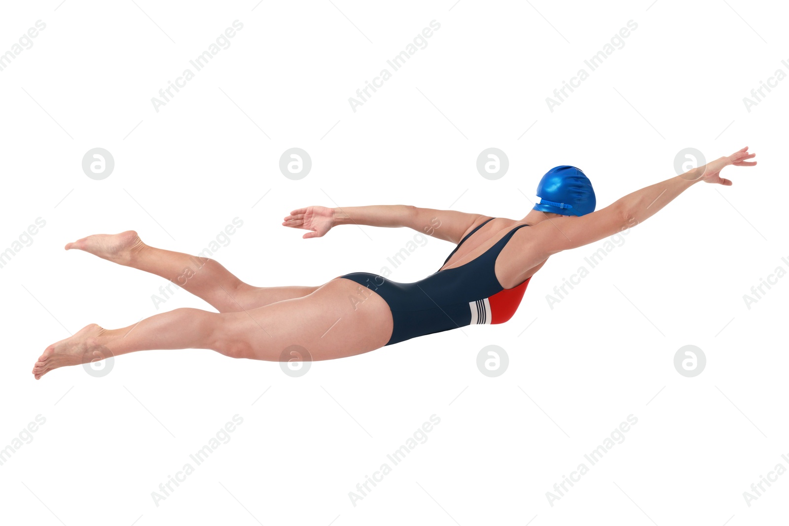 Image of Woman in swimsuit practicing swimming on white background. Aquatic sport