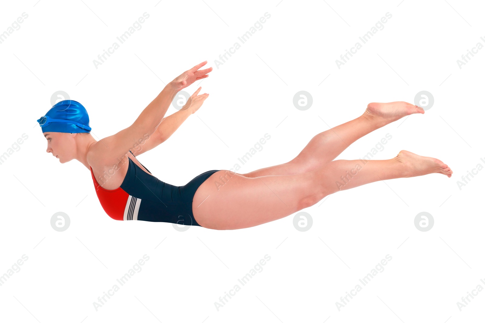 Image of Woman in swimsuit practicing swimming on white background. Aquatic sport