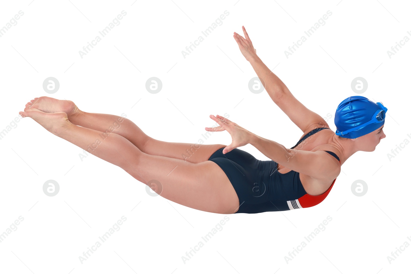 Image of Woman in swimsuit practicing swimming on white background. Aquatic sport