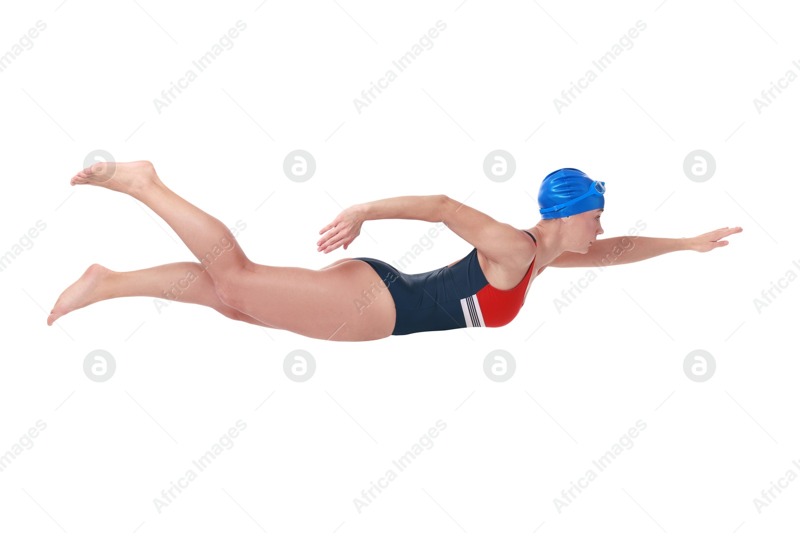 Image of Woman in swimsuit practicing swimming on white background. Aquatic sport