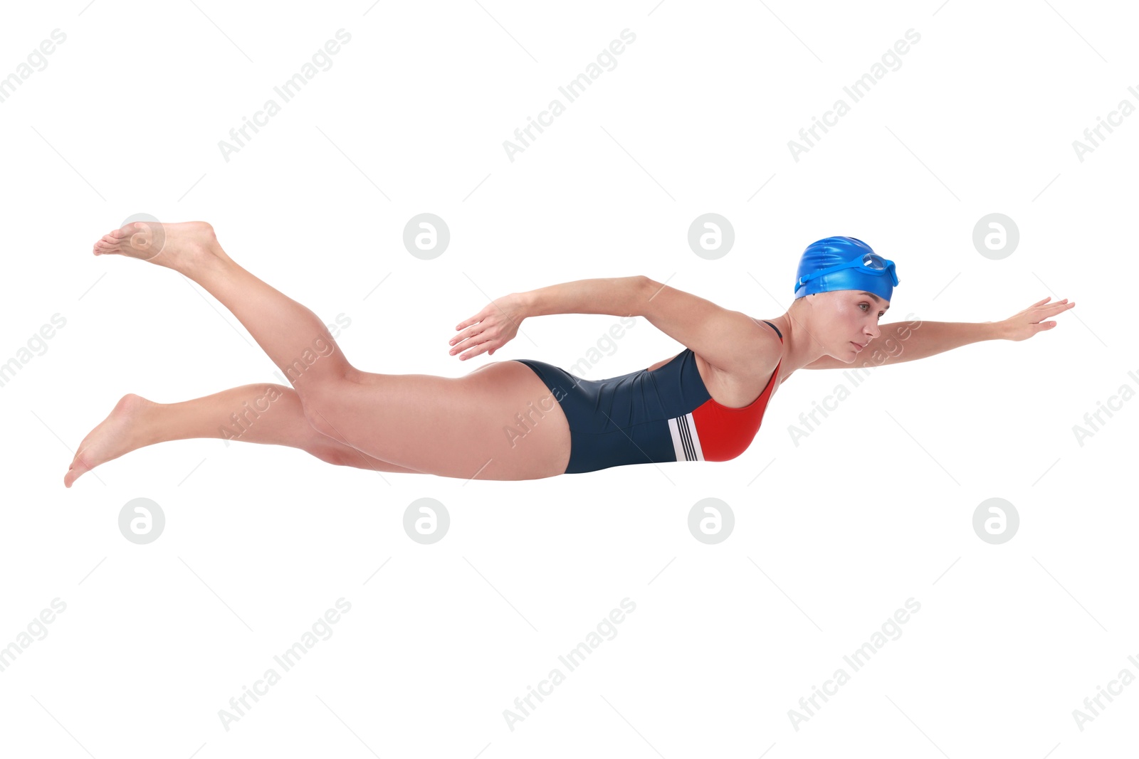 Image of Woman in swimsuit practicing swimming on white background. Aquatic sport