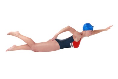 Woman in swimsuit practicing swimming on white background. Aquatic sport