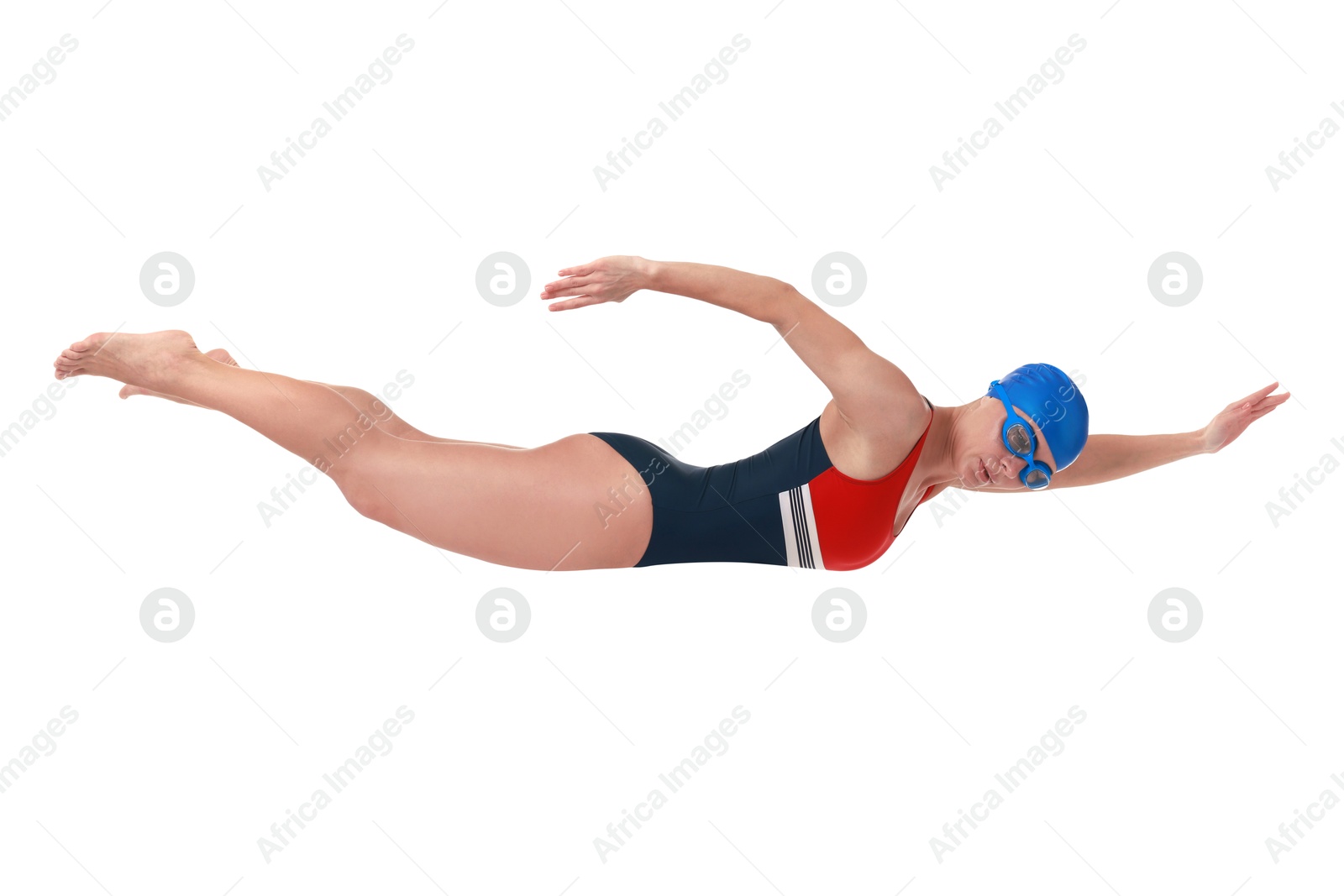 Image of Woman in swimsuit practicing swimming on white background. Aquatic sport