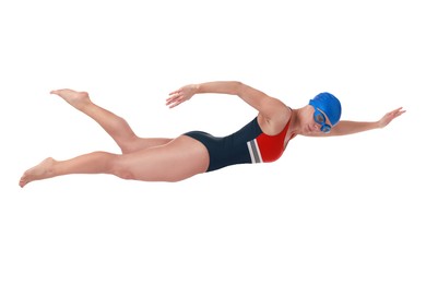 Image of Woman in swimsuit practicing swimming on white background. Aquatic sport