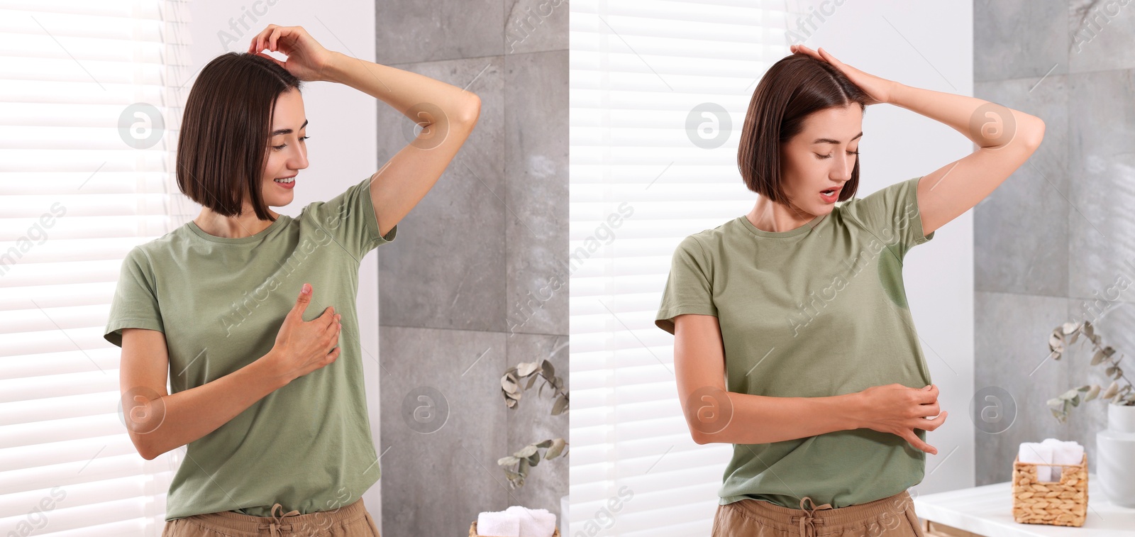 Image of Personal care product. Woman in bathroom, before and after using of deodorant