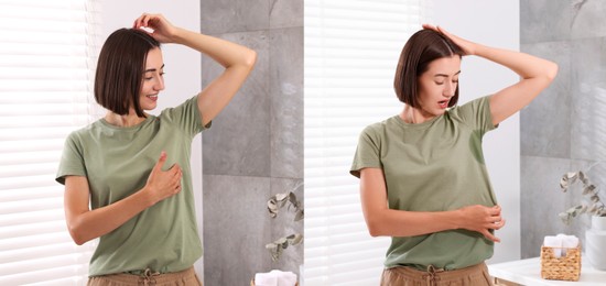 Image of Personal care product. Woman in bathroom, before and after using of deodorant