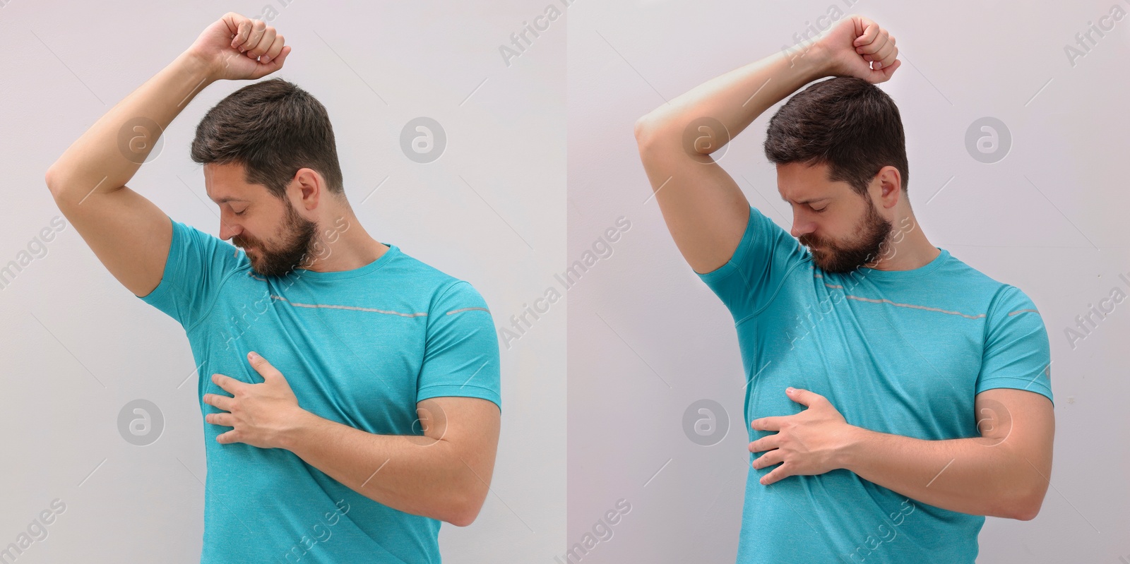 Image of Personal care product. Man on white background, before and after using of deodorant