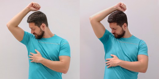 Personal care product. Man on white background, before and after using of deodorant