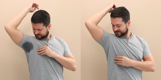 Personal care product. Man on beige background, before and after using of deodorant