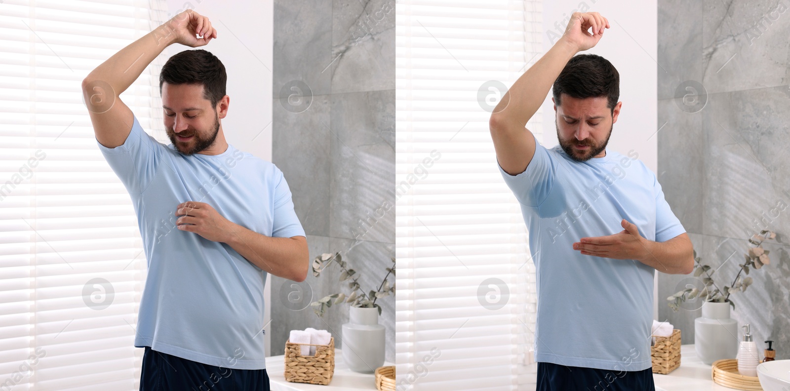 Image of Personal care product. Man in bathroom, before and after using of deodorant