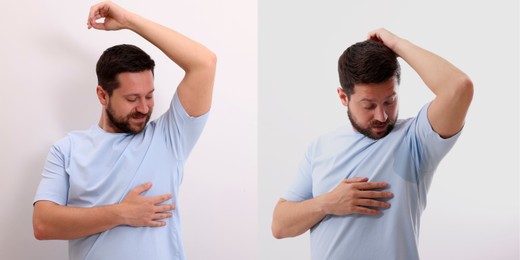 Image of Personal care product. Man on white background, before and after using of deodorant