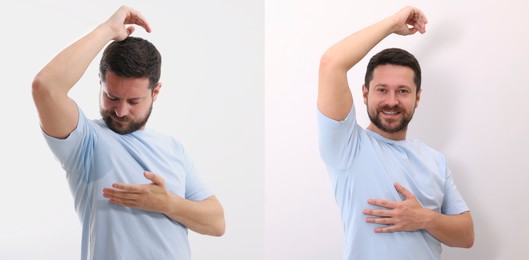 Personal care product. Man on white background, before and after using of deodorant