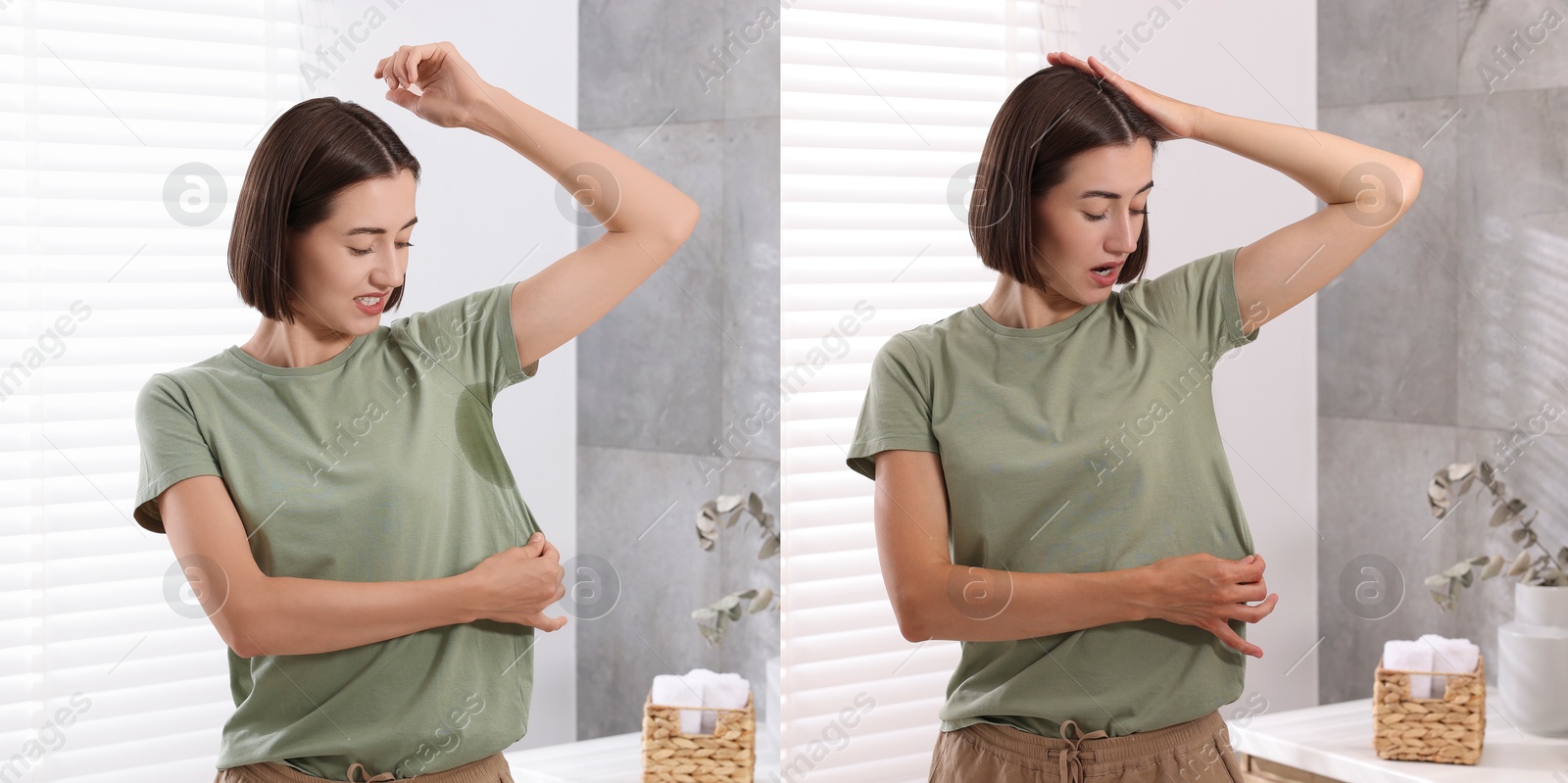 Image of Personal care product. Woman in bathroom, before and after using of deodorant