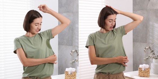 Personal care product. Woman in bathroom, before and after using of deodorant